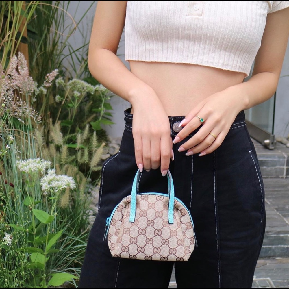Auth. GG Monogram Tofu Mini Bag w/Leather Trim